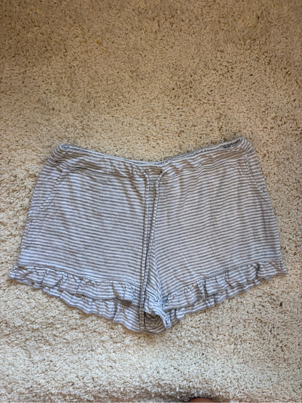 Secret Treasures Gray and White Striped Ruffle Hem Lounge Shorts